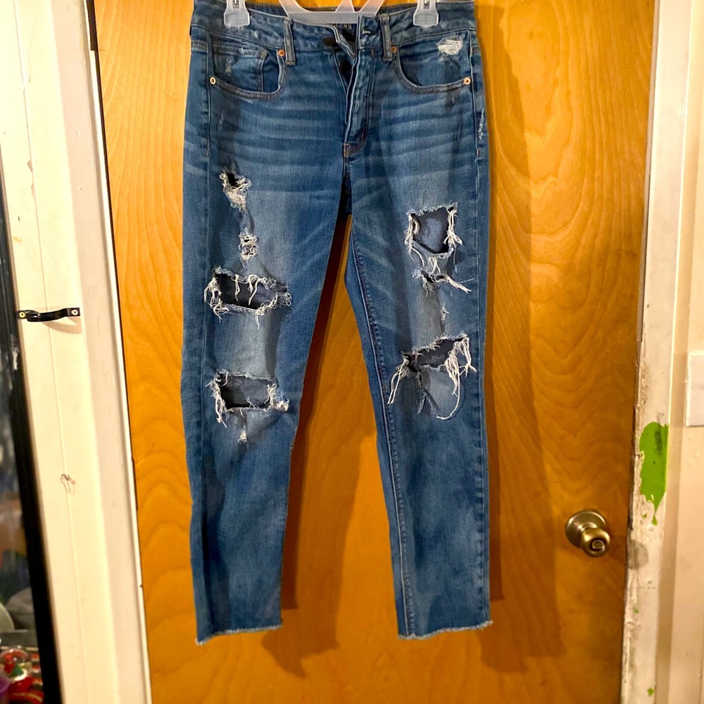 Distressed cropped, skinny jeans